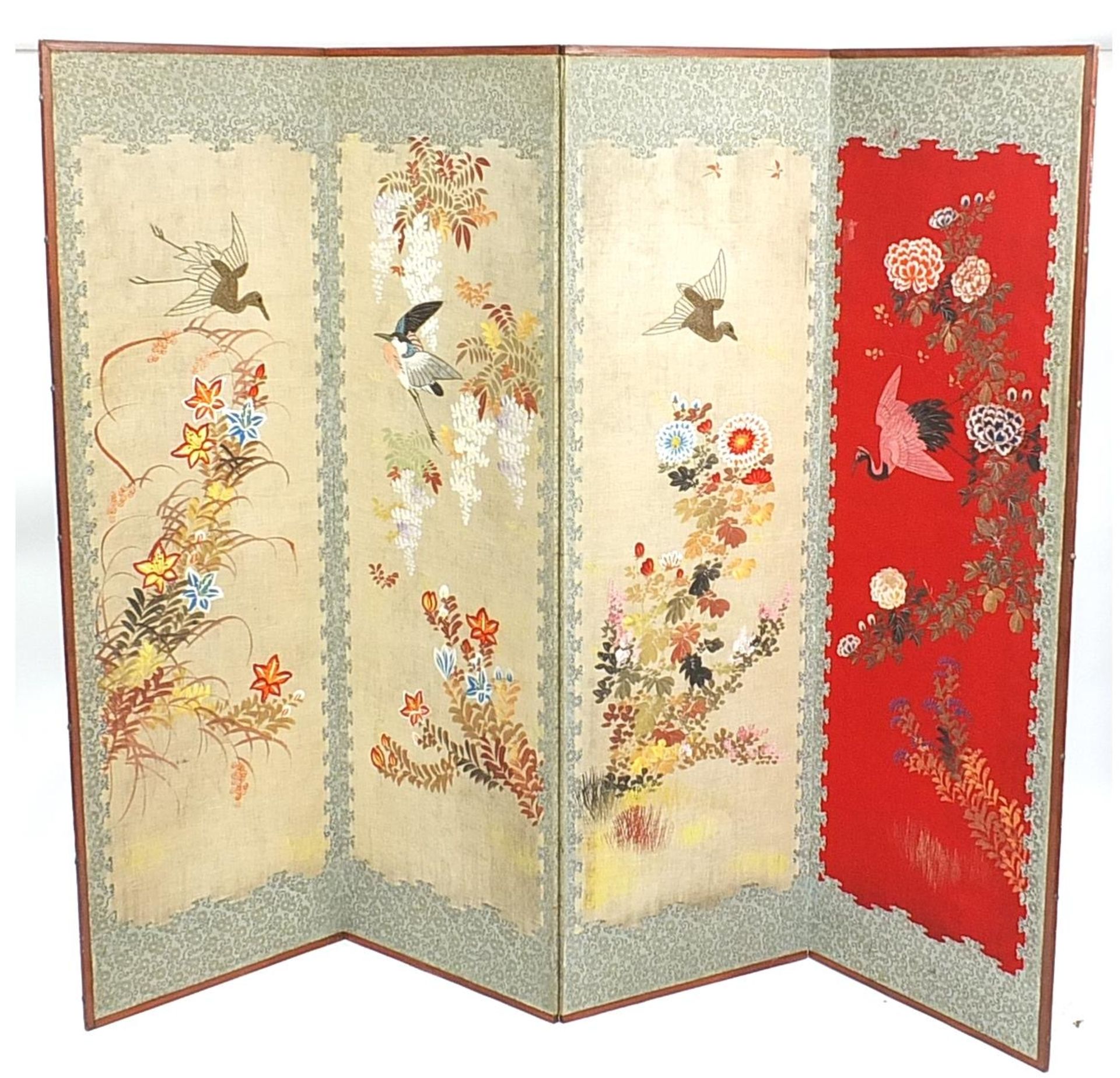 Chinese four section folding dressing screen painted with birds of paradise amongst flowers, 169cm