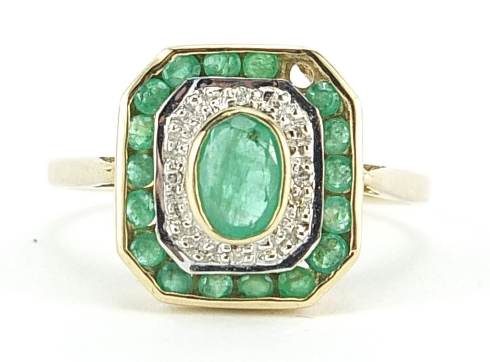 9ct gold emerald and diamond cluster ring, size O, 2.5g