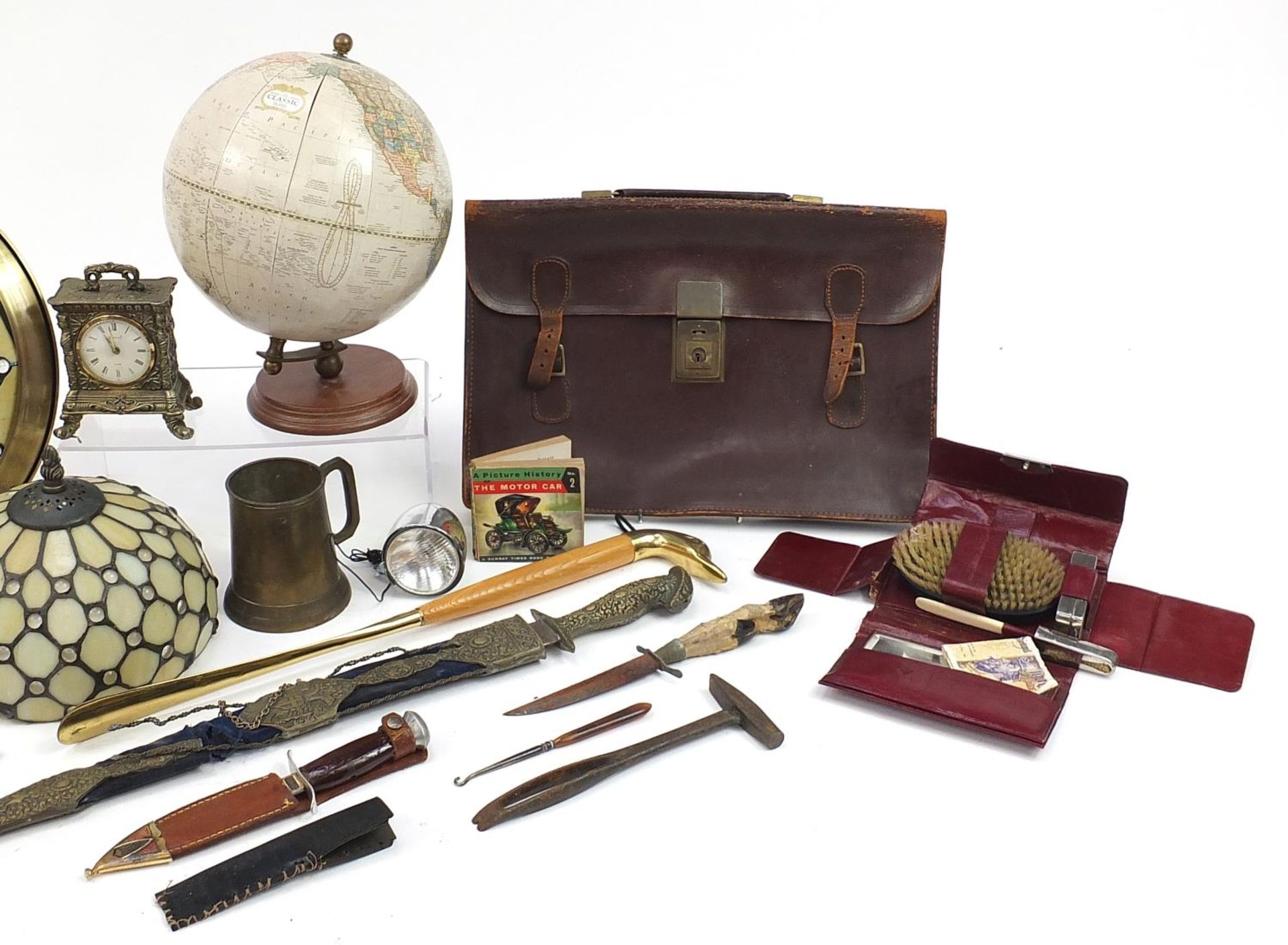 Sundry items including George F Cram Classic Globe, Tiffany design lampshades, hunting knives and - Image 3 of 3