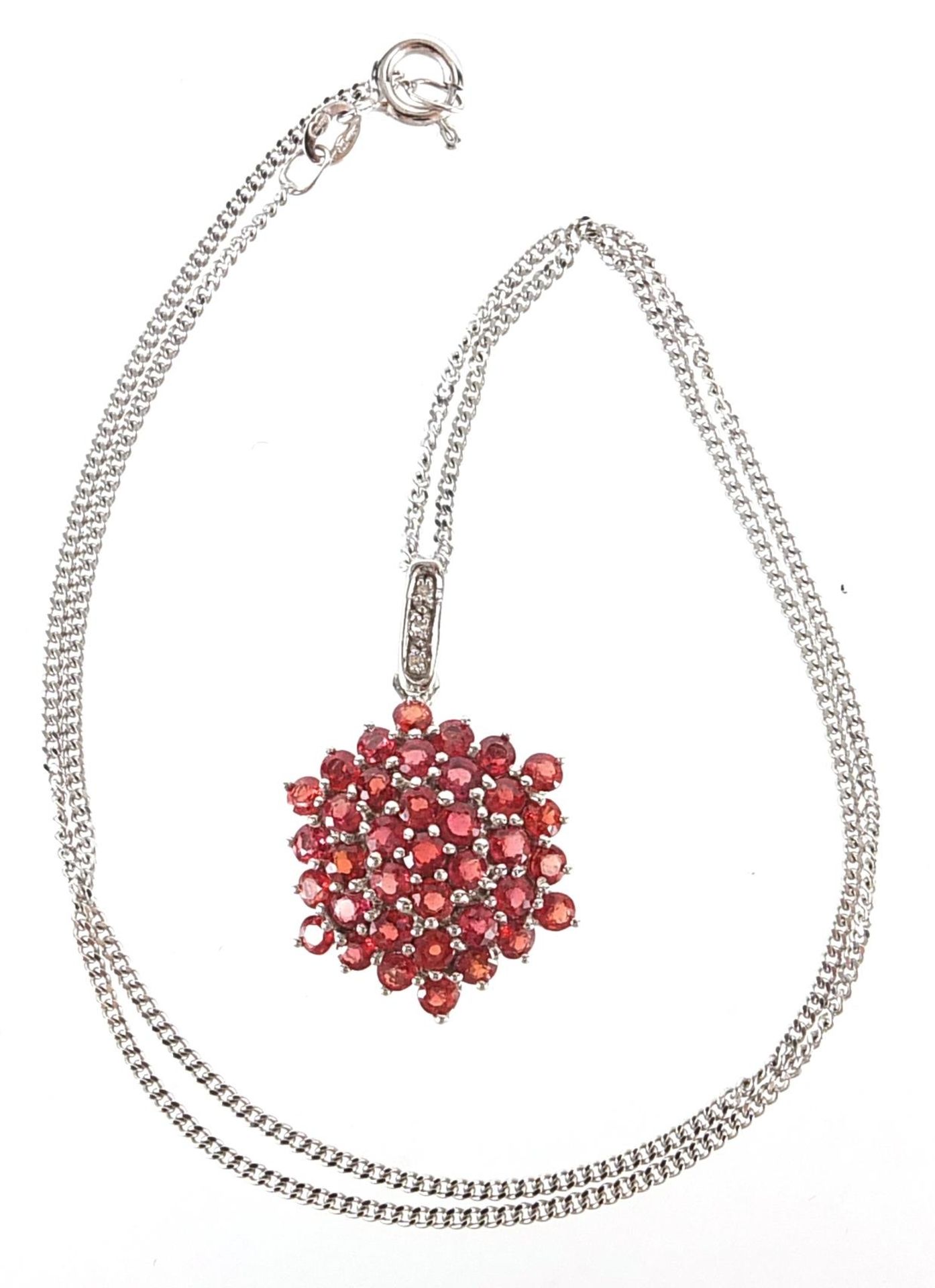 9ct white gold garnet and diamond cluster pendant on a 9ct white gold necklace, 2.9cm high and - Image 2 of 3