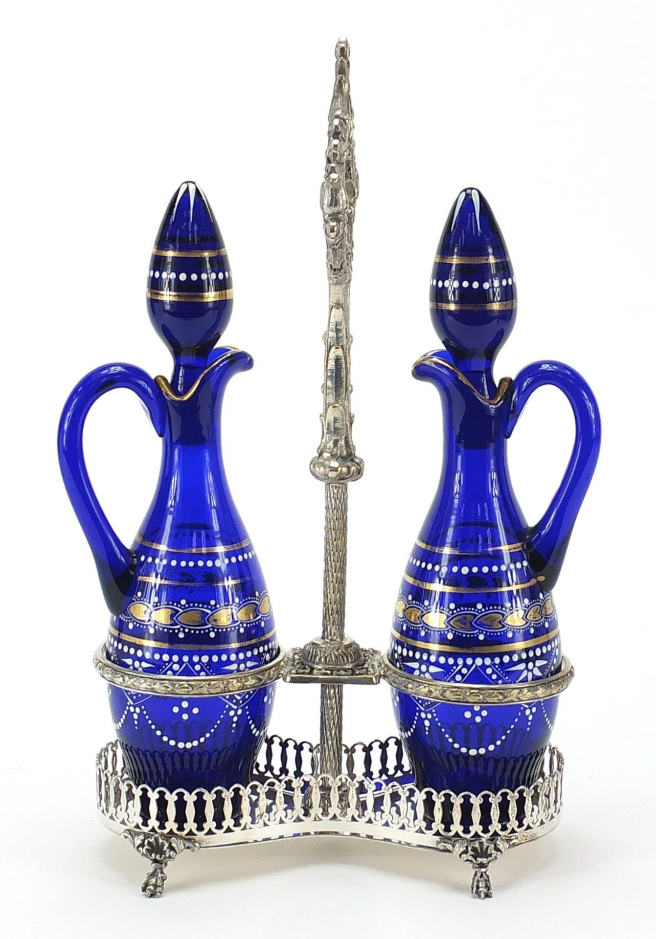 Silver plated oil and vinegar bottle stand with blue glass decanters, 35cm high - Image 2 of 3