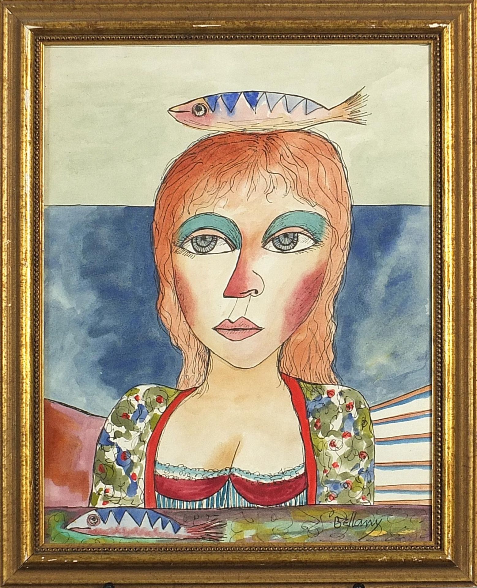 After John Bellany - Portrait of a girl with a fish, Scottish watercolour, mounted, framed and - Image 2 of 4