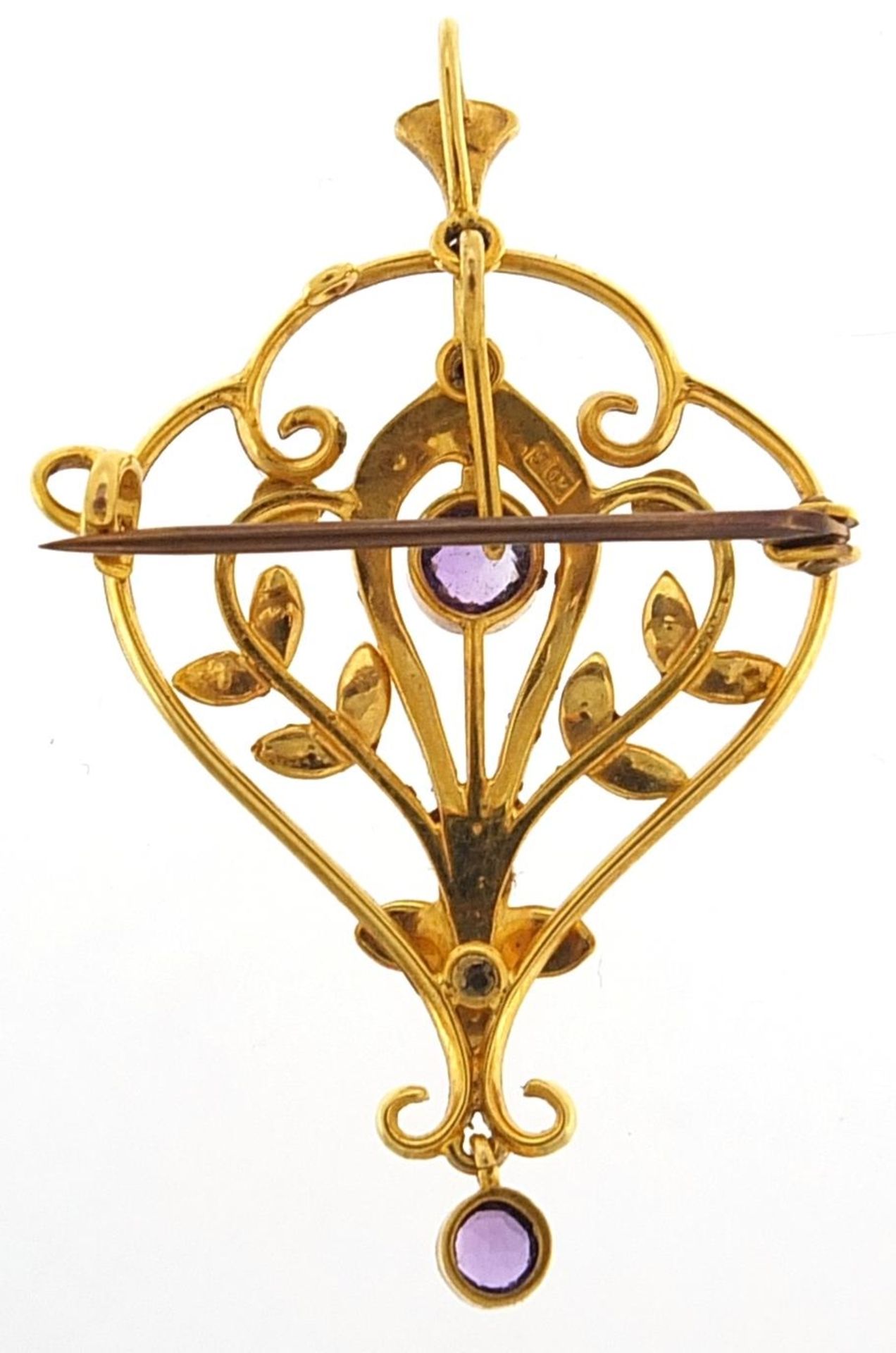 Art Nouveau 9ct gold amethyst and seed pearl pendant brooch, 4.5cm high, 3.4g - Bild 2 aus 3