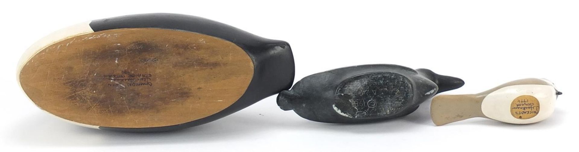 Two Canadian carved wood duck decoys and an Inuit carved stone duck, the largest 33.5cm in length - Image 3 of 5