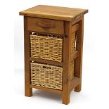 Pine side table with drawer and two wicker baskets, 80cm H x 50cm W x 40cm D