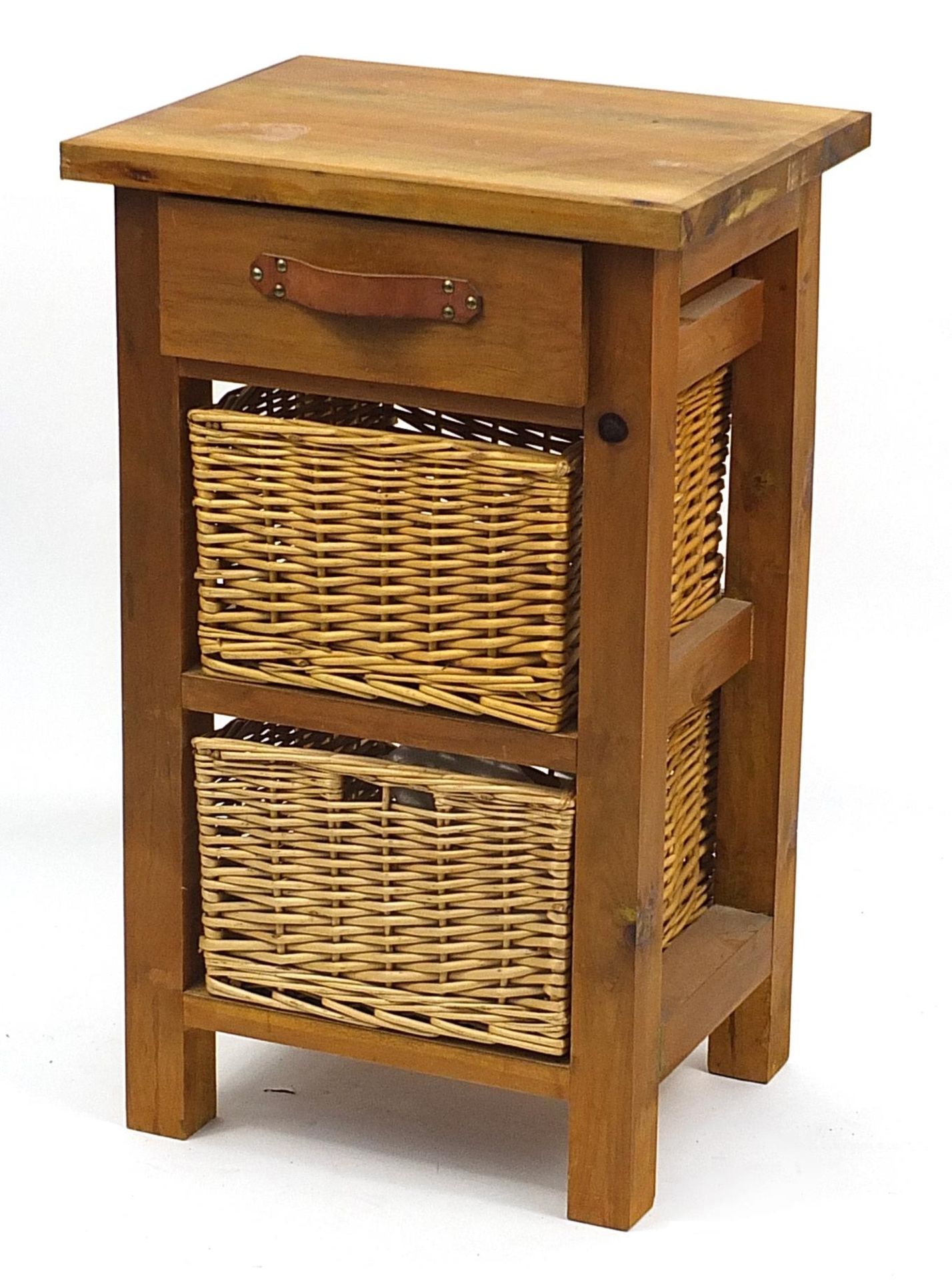 Pine side table with drawer and two wicker baskets, 80cm H x 50cm W x 40cm D