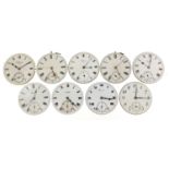 Nine pocket watch movements including Waltham, Record and J W Benson, the largest 45mm in diameter