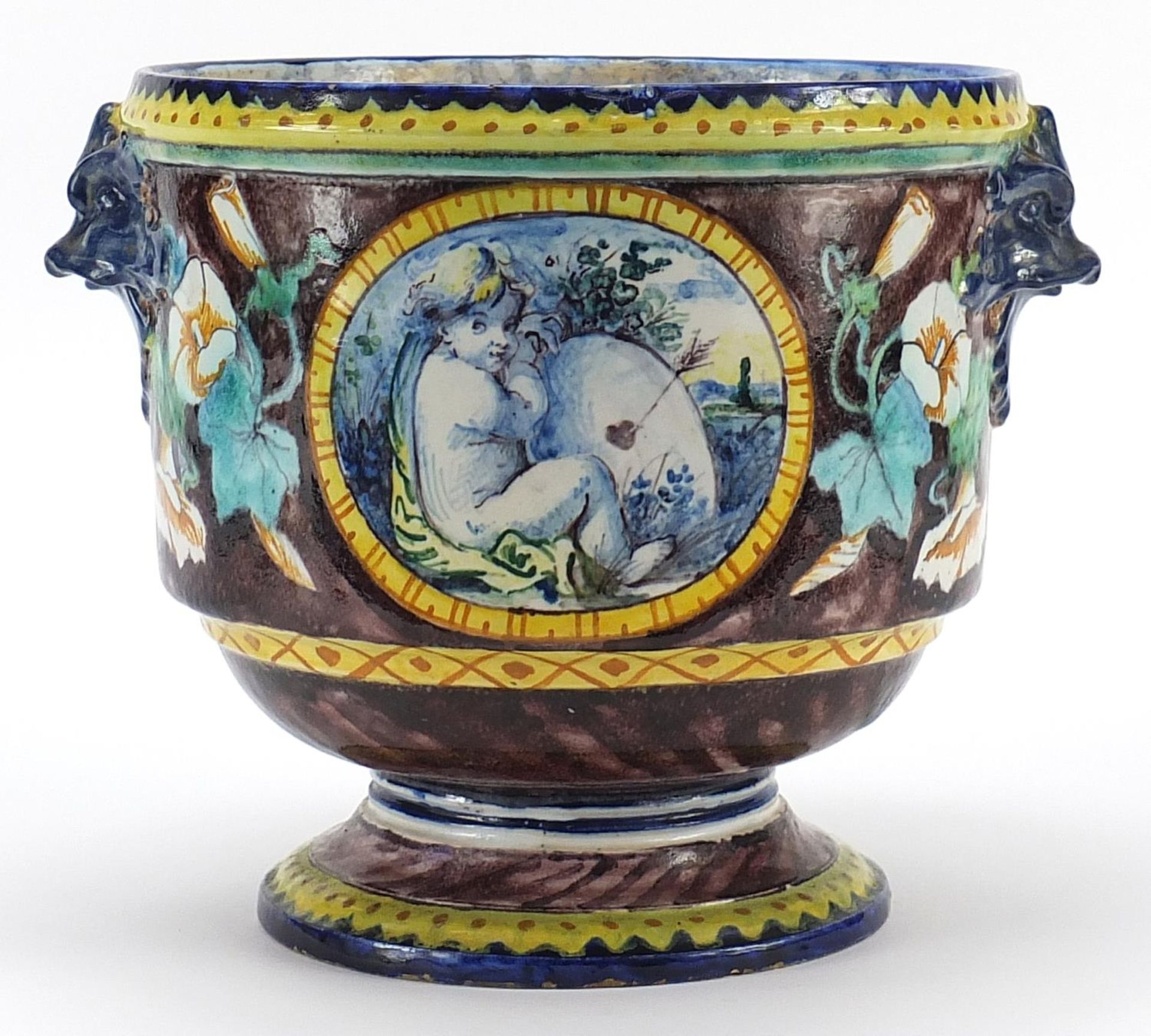 Italian Maiolica planter with mask handles hand painted with Putti and flowers, 21cm high - Bild 2 aus 3