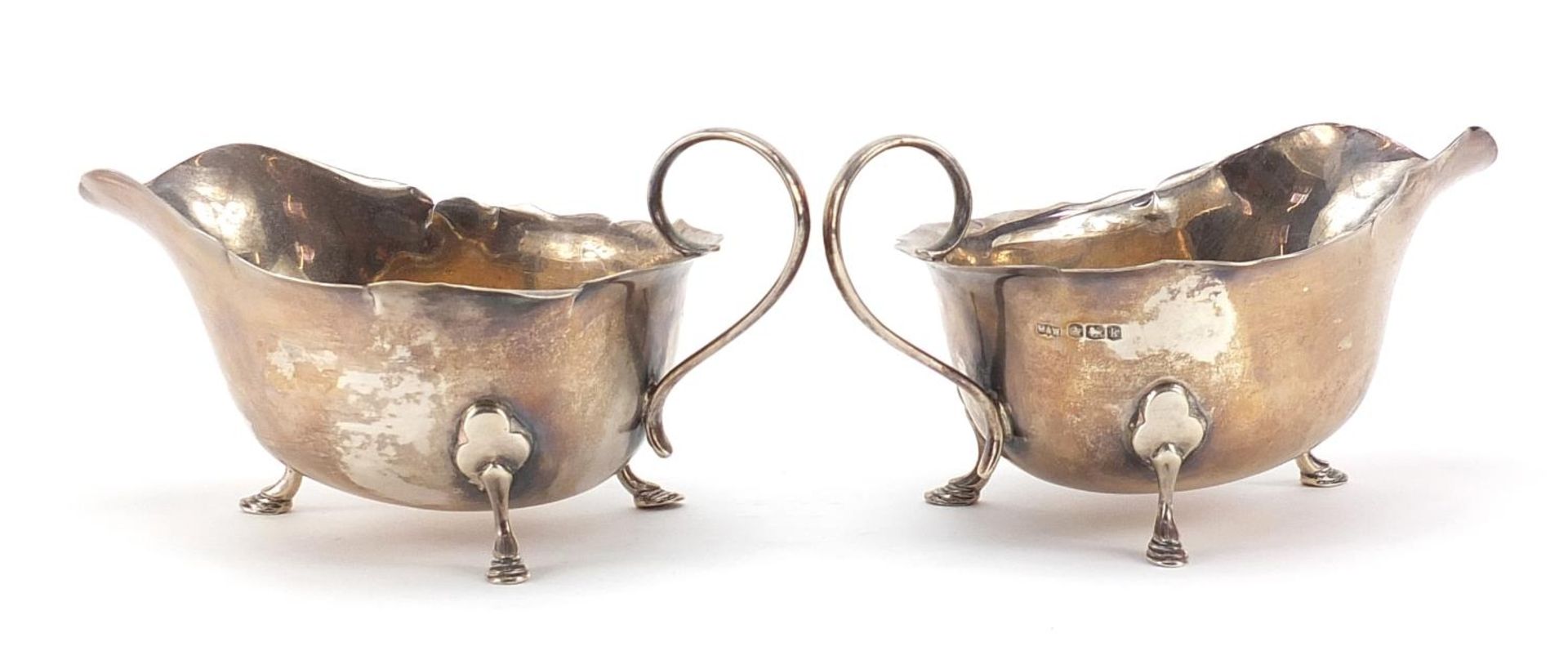 Mappin & Webb, pair of George V silver three footed sauce boats, 15cm in length, 169.0g - Image 2 of 4