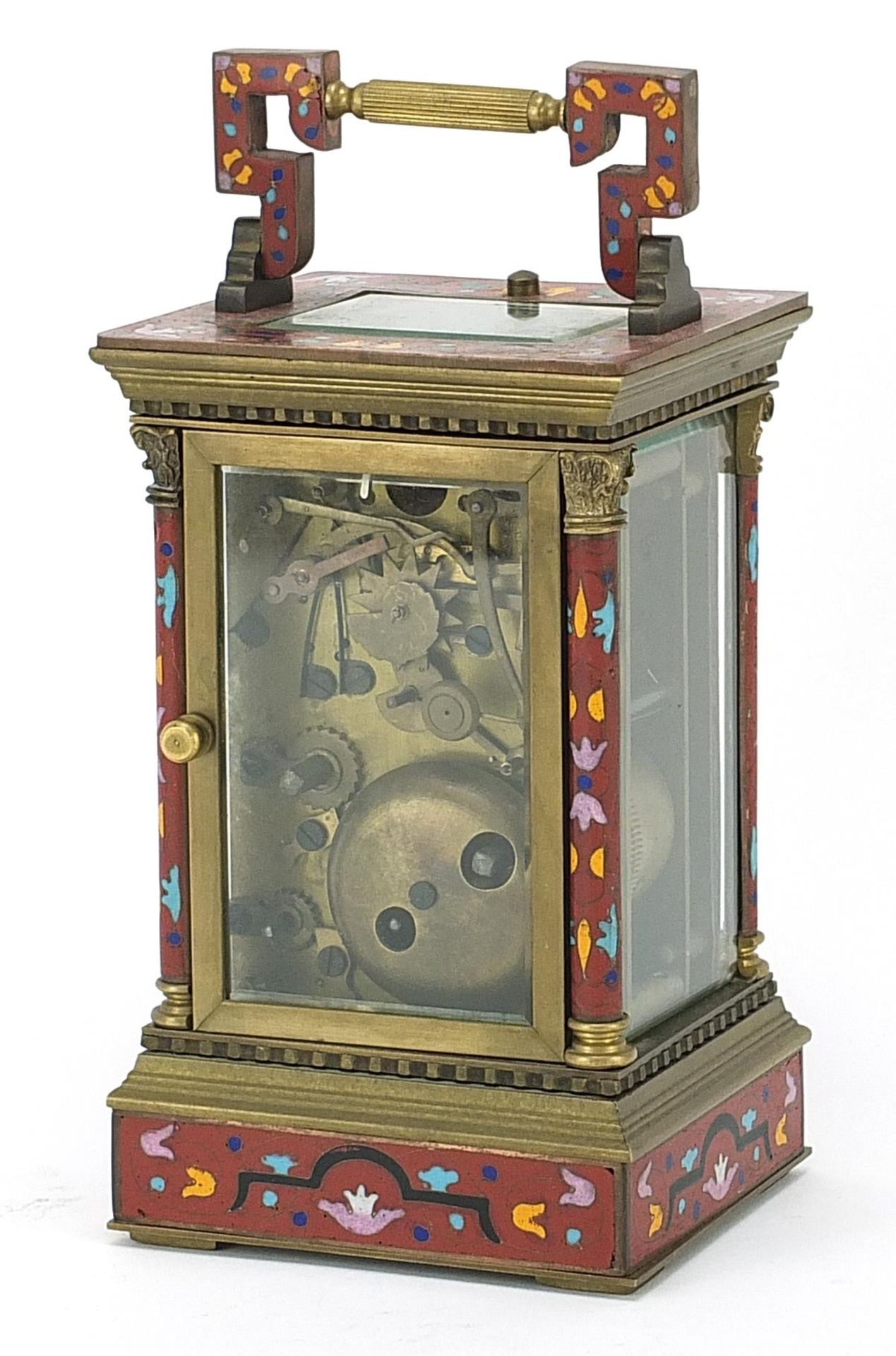 Champleve enamel brass repeating carriage clock with subsidiary dial, 16.5cm high - Image 2 of 4