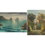 Rocky seascape and figure on a path, pair of oil on canvasses, indistinctly signed, G Bennett
