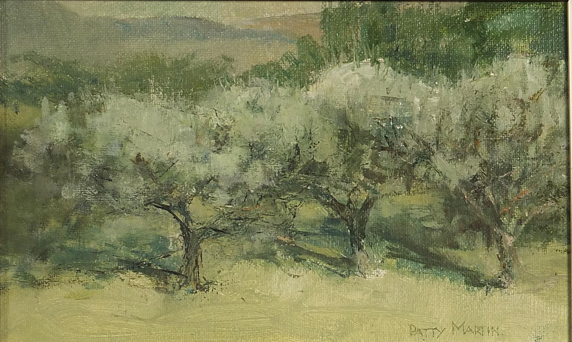 Patty Martin - Apple trees, oil on canvas board, details verso, mounted and framed, 28cm x 17cm