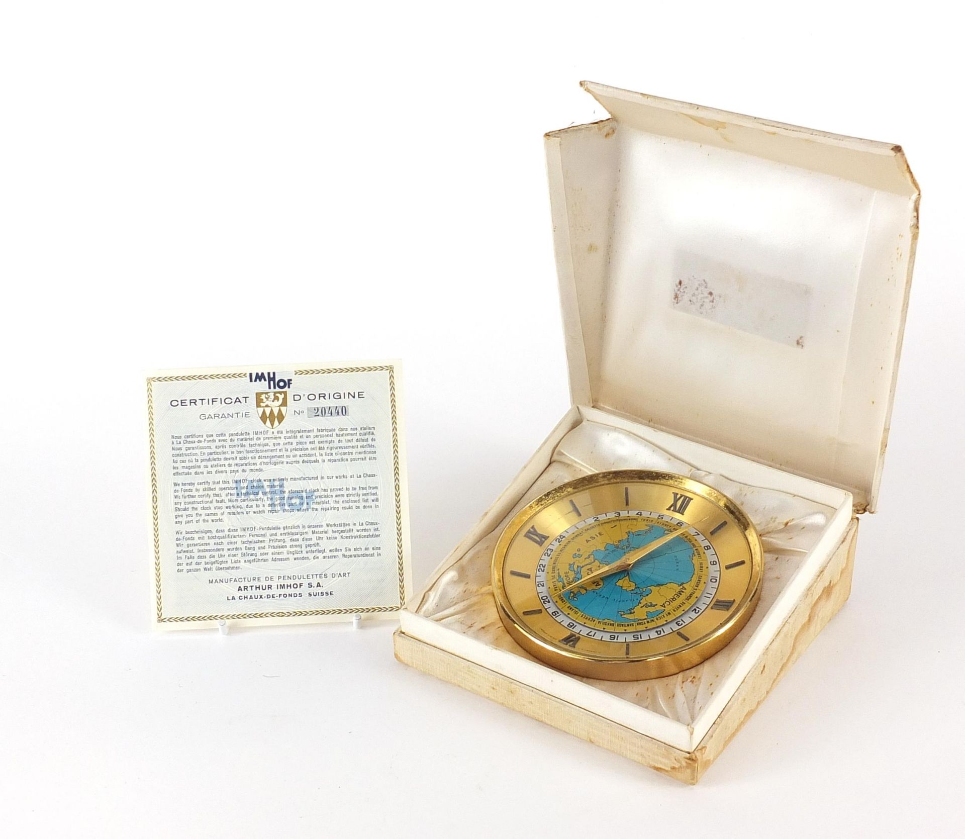 Vintage Imhof brass Universal Hour eight day clock with box numbered 1334769, 11cm in diameter