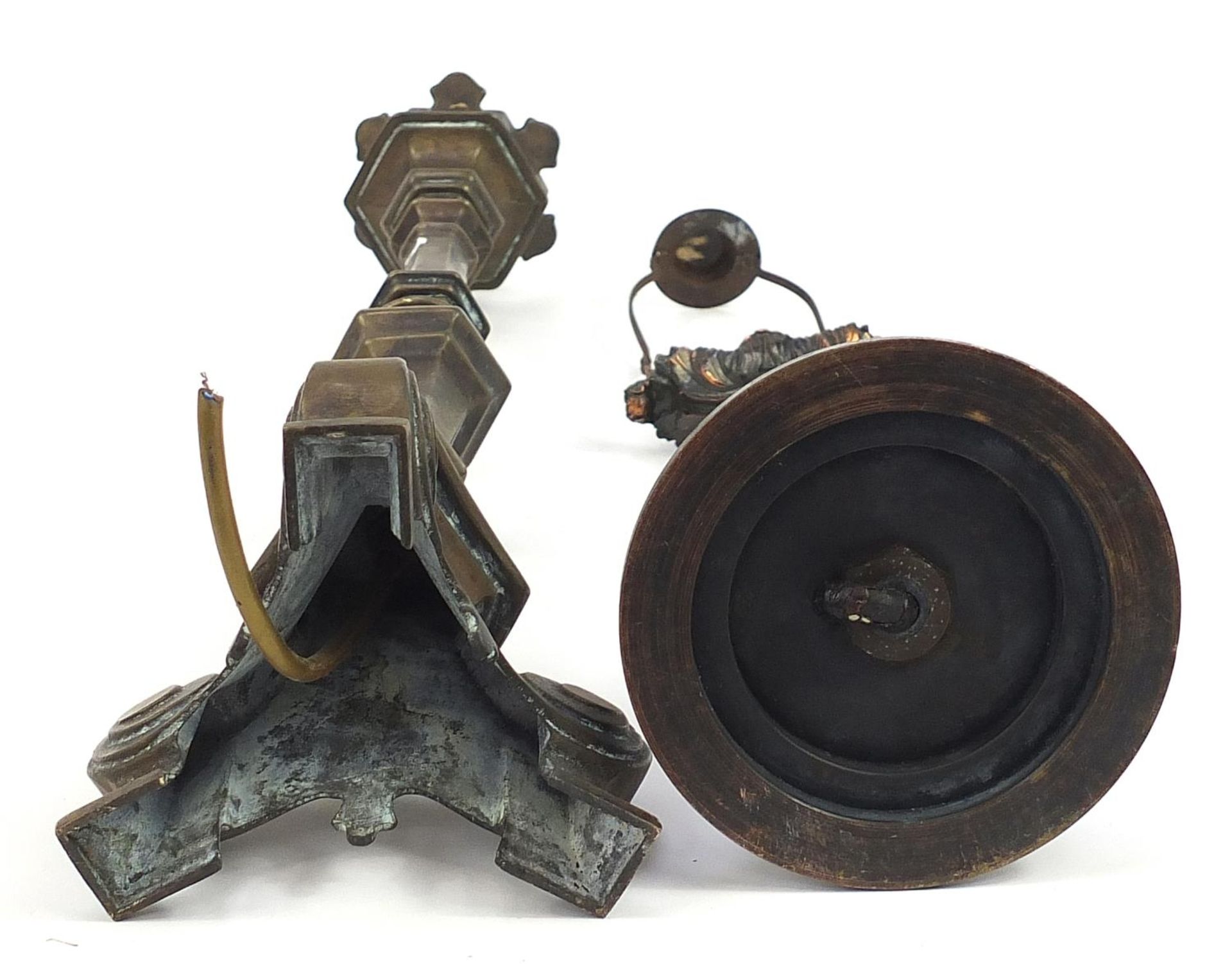 Patinated bronze candlestick converted to a table lamp and one other, the largest 61cm high - Image 3 of 3