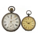 Two silver open face pocket watches with enamelled dials, 50mm and 37mm in diameter,