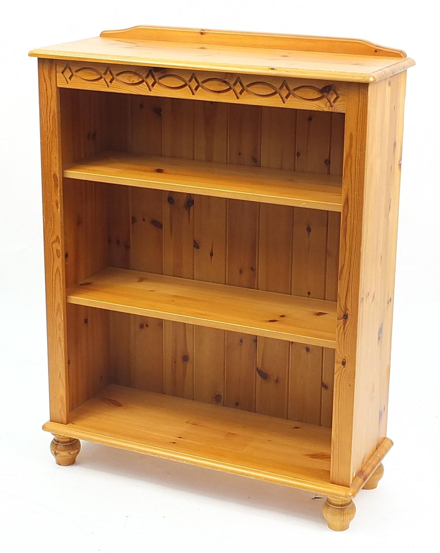 Pine three shelf open bookcase, 111cm H x 85cm W x 32cm D