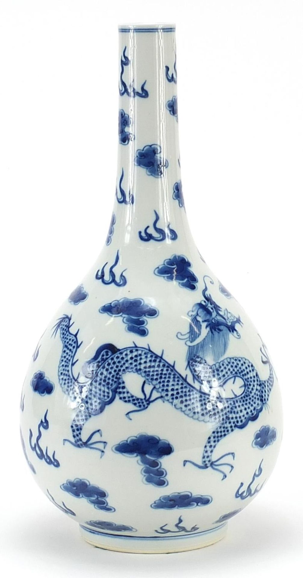 Large Chinese blue and white porcelain vase hand painted with two dragons chasing a flaming pearl - Image 2 of 3