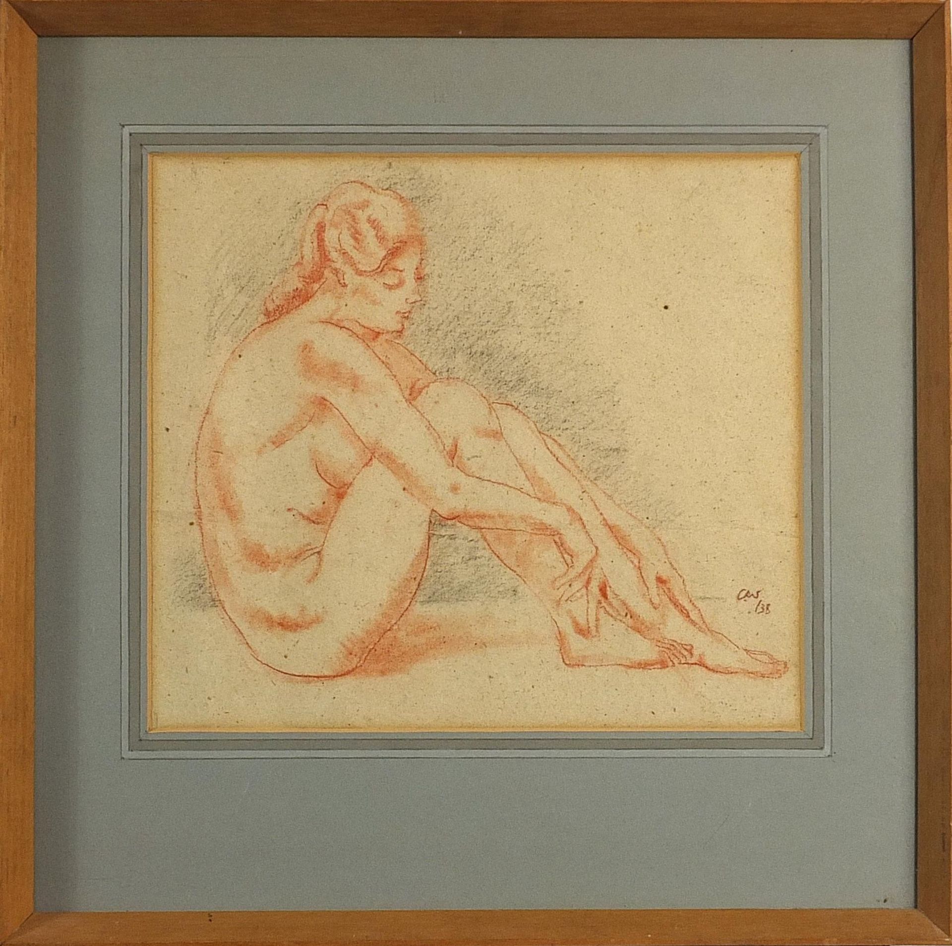 Seated nude female, sanguine chalk, mounted, framed and glazed, 39cm x 34.5cm excluding the mount - Bild 2 aus 4