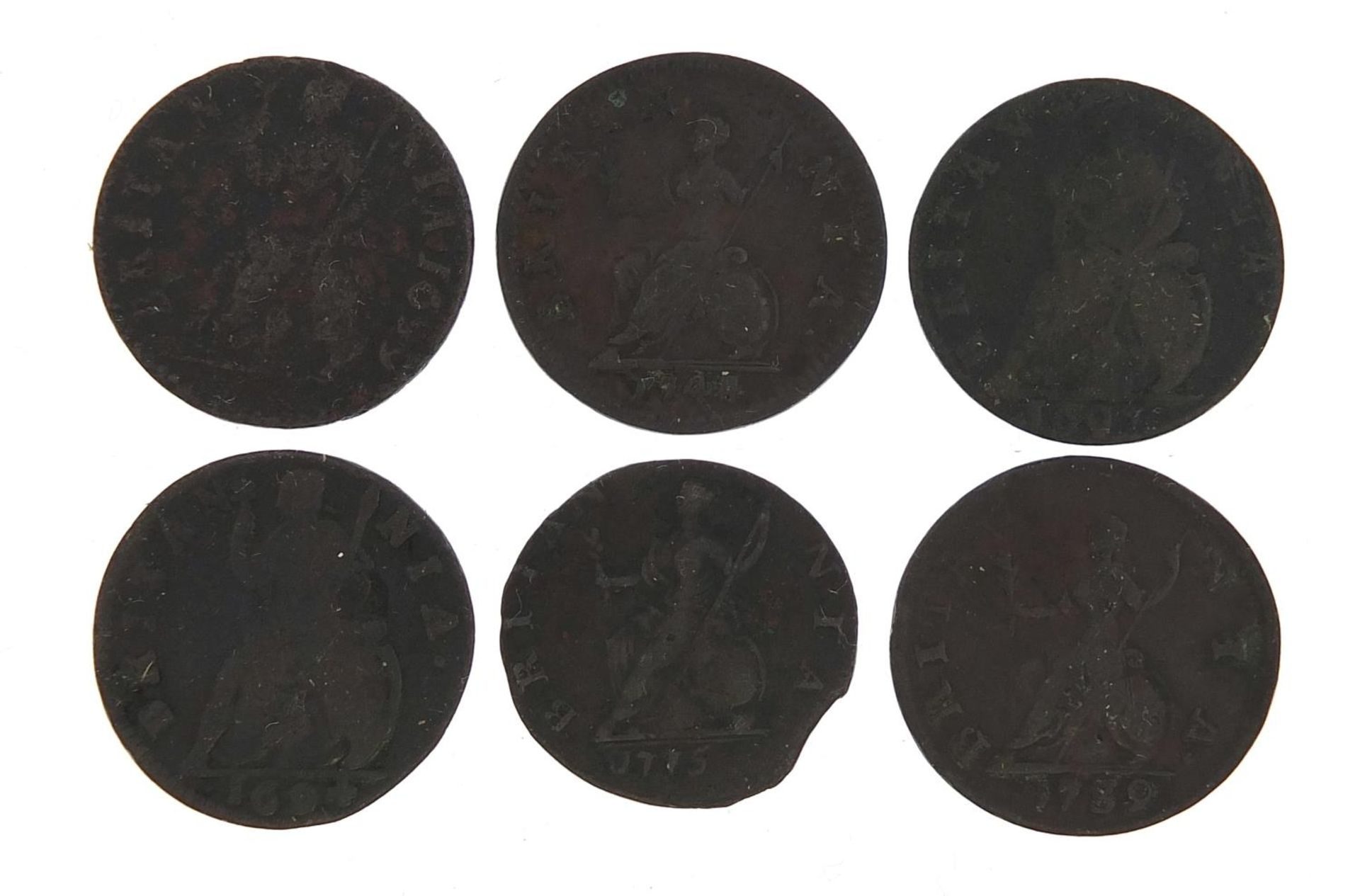 Six William & Mary and later copper farthings including 1694 and 1697 - Image 2 of 2
