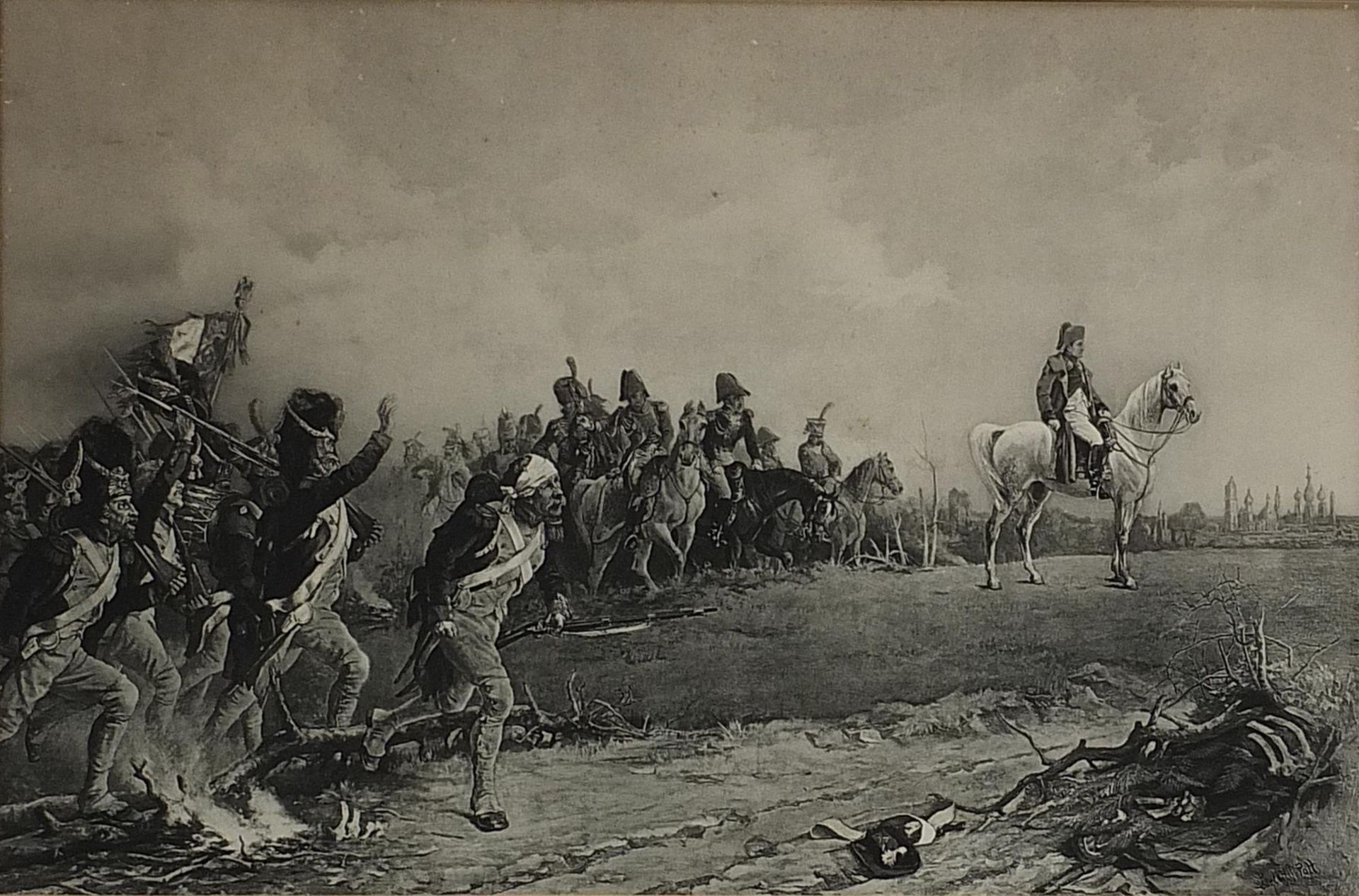 Napoleon on horseback and battle scene, two prints, one pencil signed, each mounted, framed and - Image 6 of 8