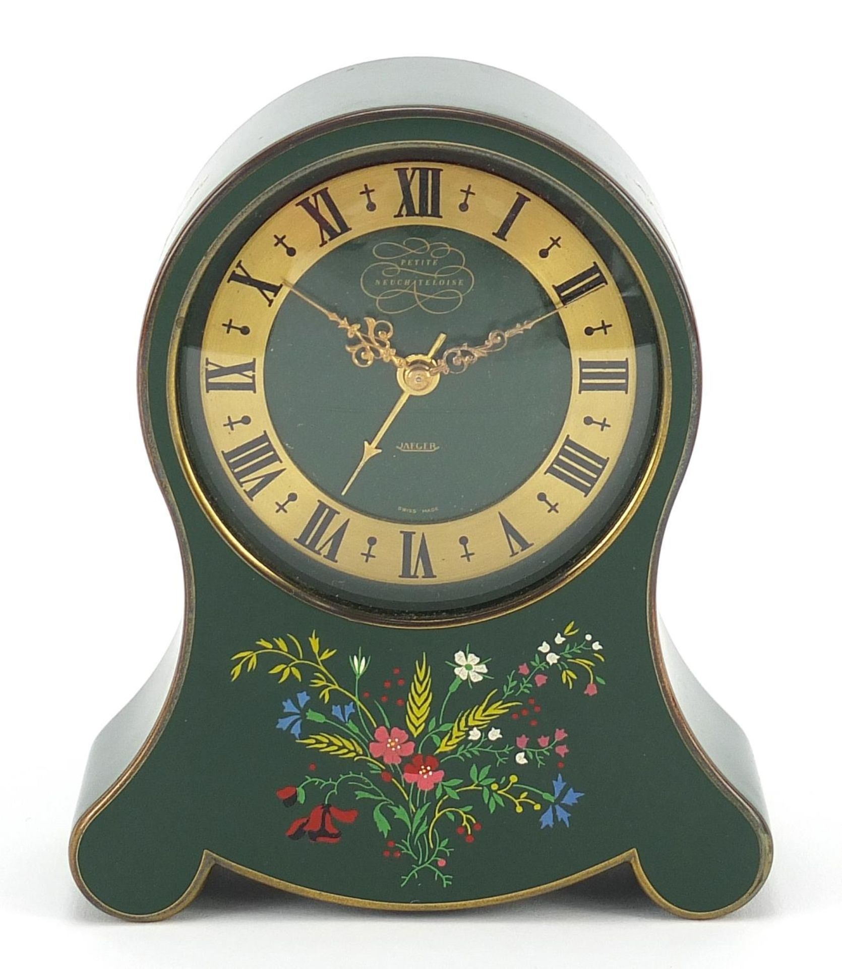 Jaeger LeCoultre Petite Neuchateloise alarm clock decorated with flowers, 12cm high