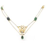 Manner of Murrle Bennett, Art Nouveau unmarked gold opal and turquoise necklace,, 4cm high and