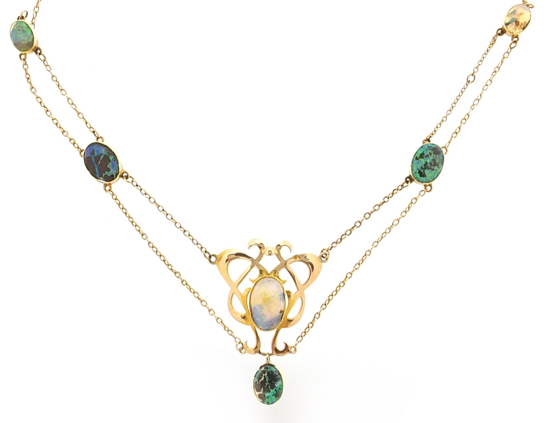 Manner of Murrle Bennett, Art Nouveau unmarked gold opal and turquoise necklace,, 4cm high and