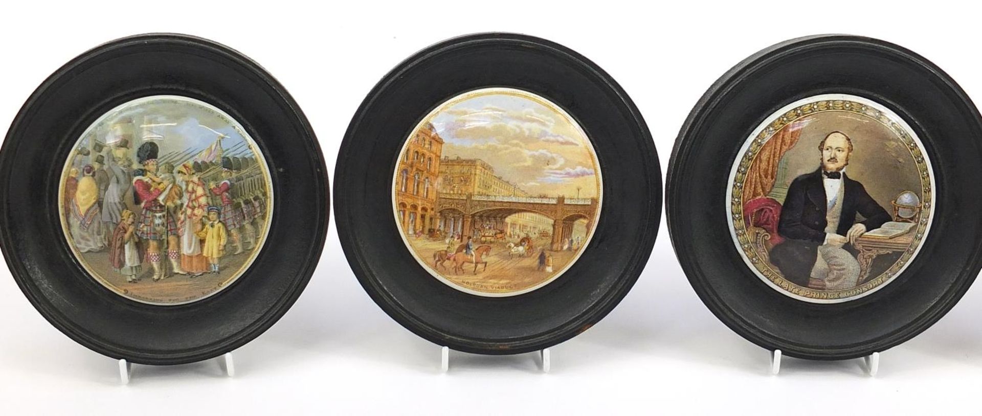 Six Victorian Staffordshire Prattware pot lids with ebonised wood frames, the largest 17cm in - Image 2 of 5