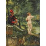 Nude female and artist before a landscape, Pre-Raphaelite style oil on wood panel, mounted and