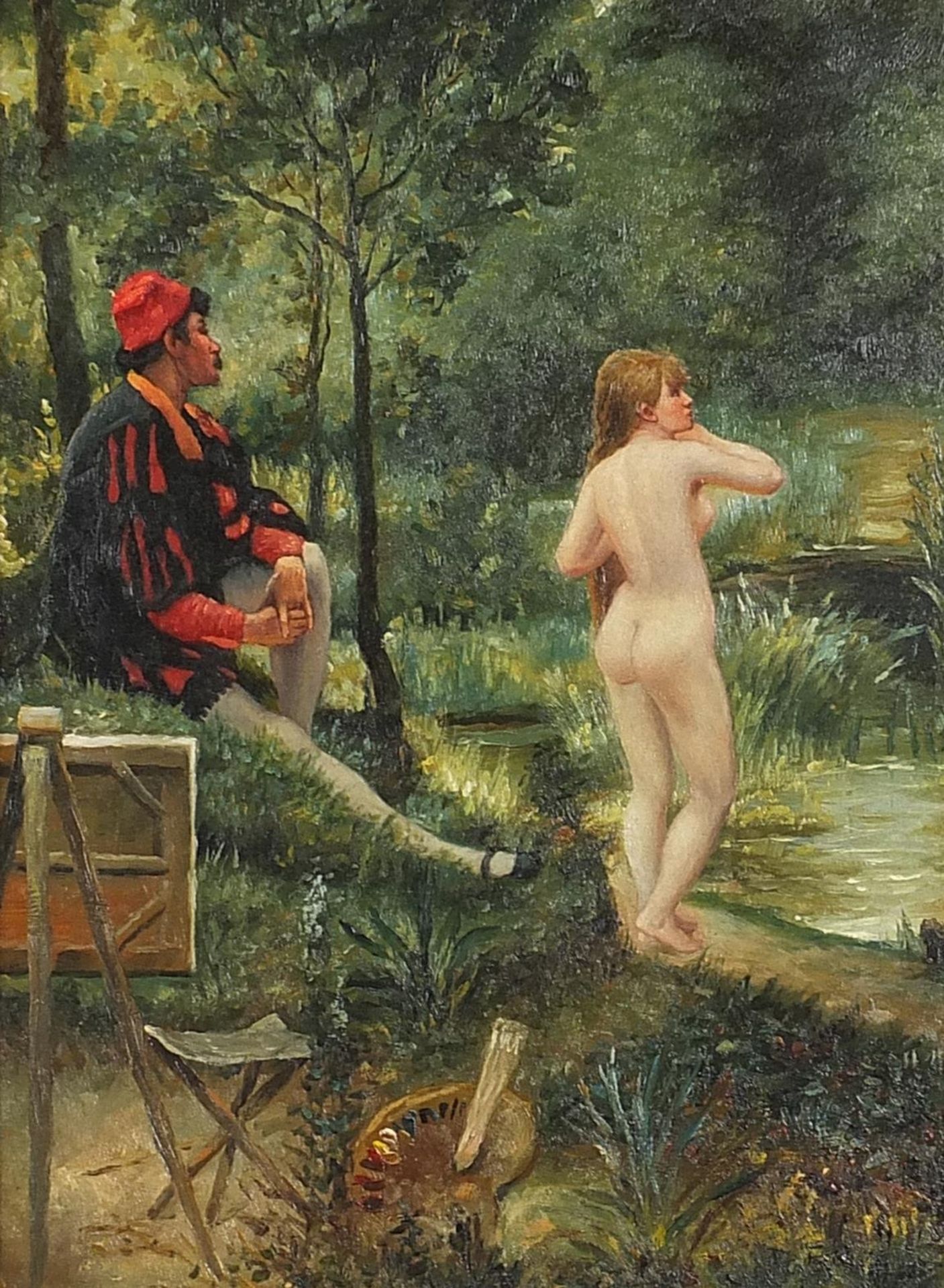 Nude female and artist before a landscape, Pre-Raphaelite style oil on wood panel, mounted and
