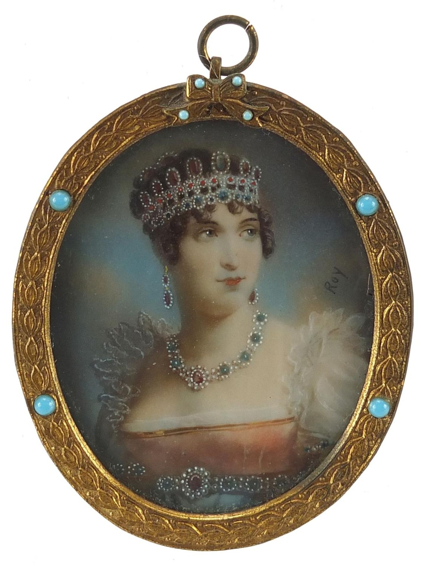 Pair of oval hand painted miniatures housed in jewelled brass frames, signed Roy and Reme, each - Image 3 of 9