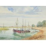 Moored boats, Rye, Sussex, watercolour, monogrammed R A F and inscribed verso R A Flude, mounted,