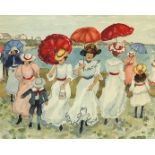 Females and children on a beach, American school watercolour on paper, mounted, framed and glazed,