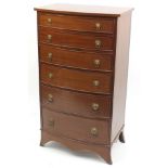 Inlaid mahogany bow front six drawer chest with lion mask handles, 127cm H x 71cm W x 46cm D