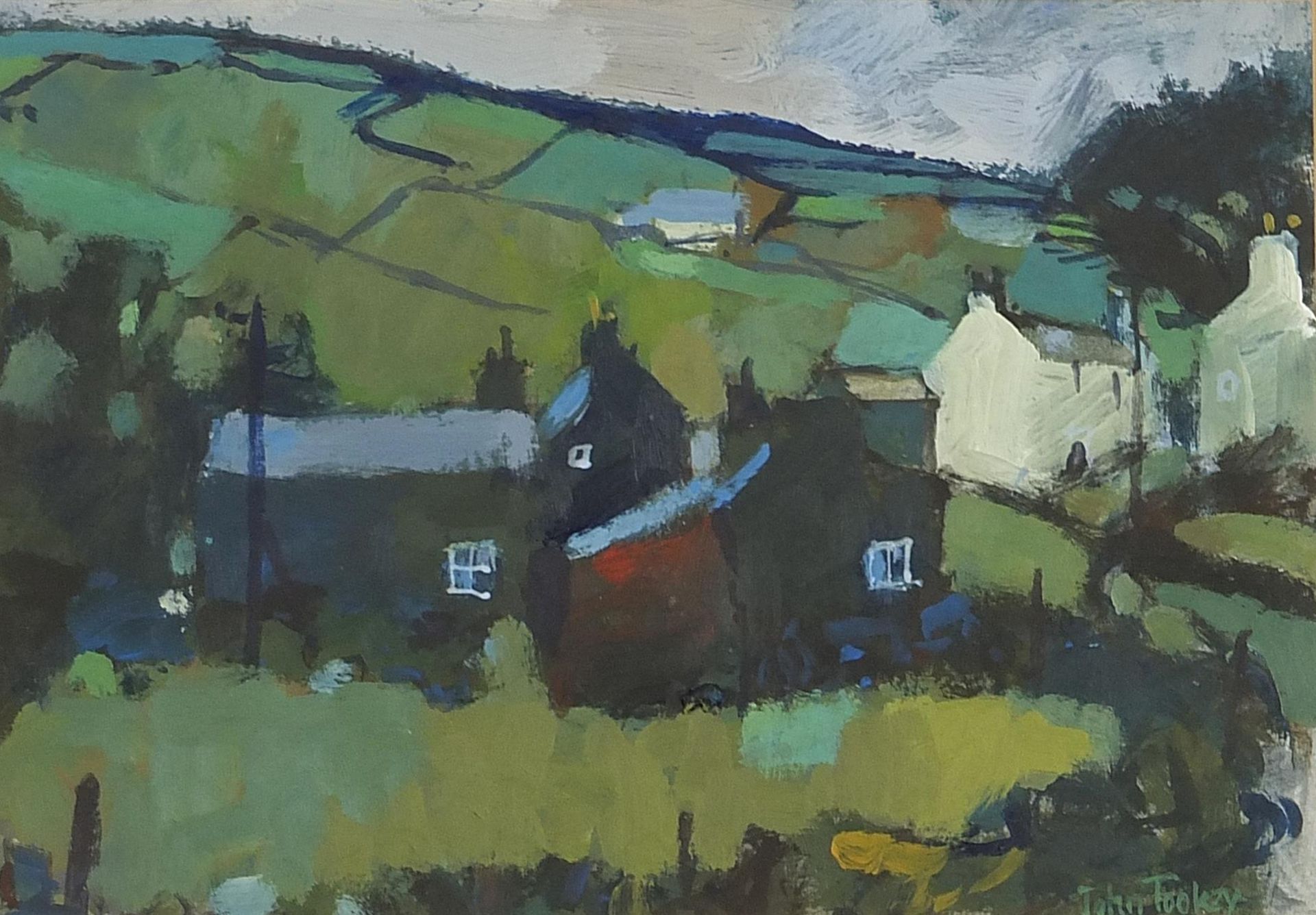 John Tookey - New Biggen, Teesdale, signed acrylic, At the Mall Galleries Exhibition label verso,