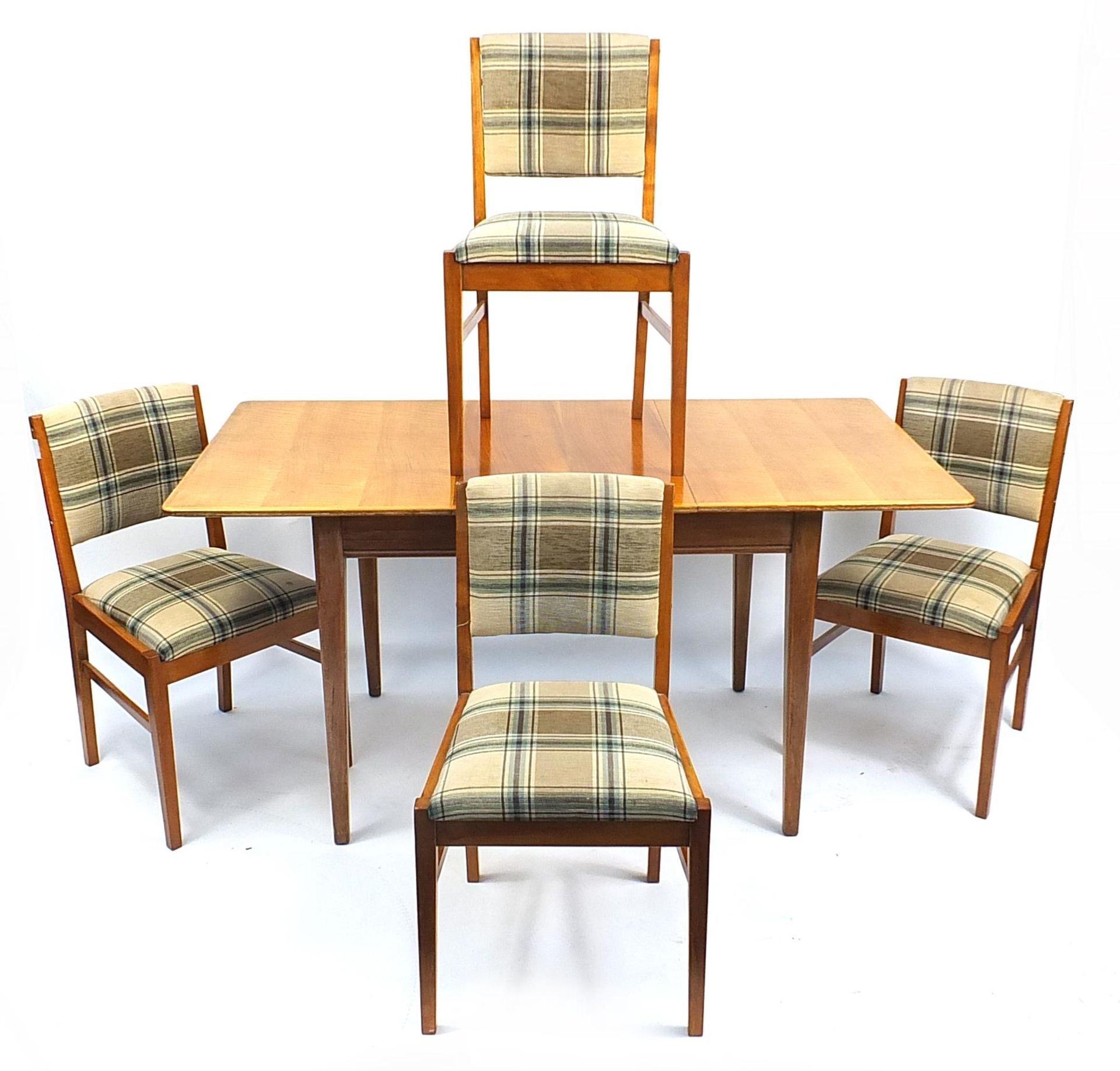 Gordon Russell extending dining table with four chairs, 77cm H x 107cm W x 78cm D
