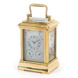 Miniature brass cased carriage clock with Sevres style panels and swing handle, 8cm high