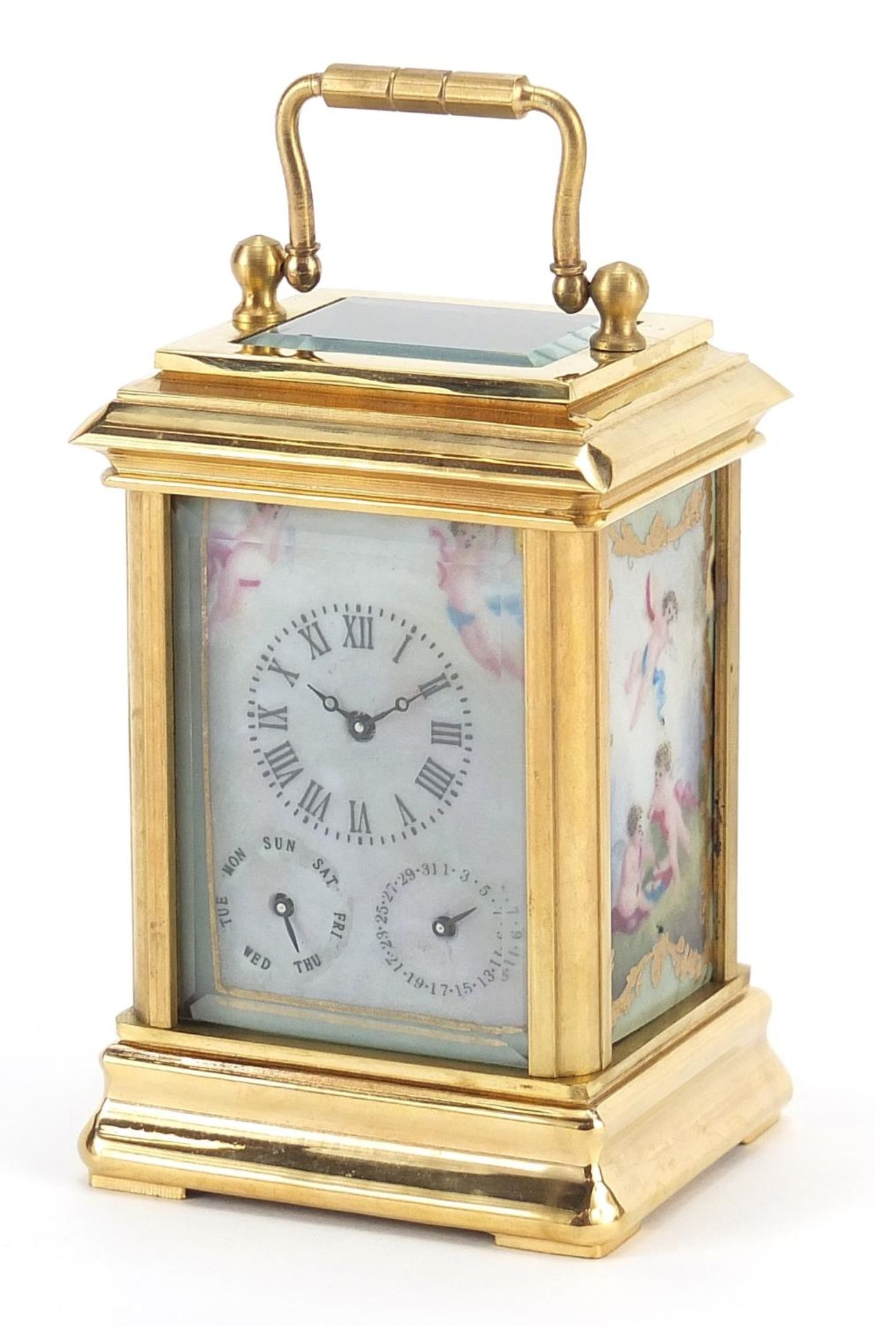 Miniature brass cased carriage clock with Sevres style panels and swing handle, 8cm high