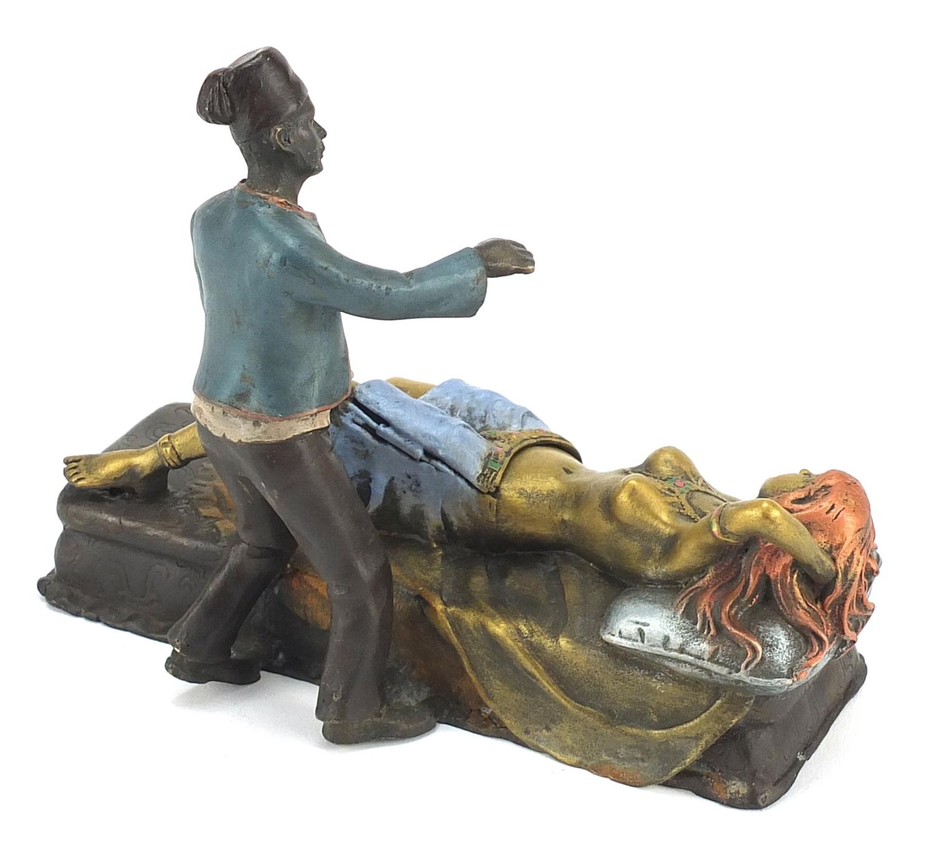 Cold painted bronze figure of an Arab and nude female in the style of Franz Xaver Bergmann, 18cm - Image 3 of 4