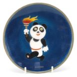 Tokyo Olympic cloisonne dish enamelled with a panda holding a flaming torch, 15.5cm in diameter