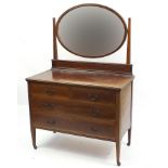 Edwardian inlaid mahogany dressing table with mirrored back and four drawers, 160cm H x 107cm W x