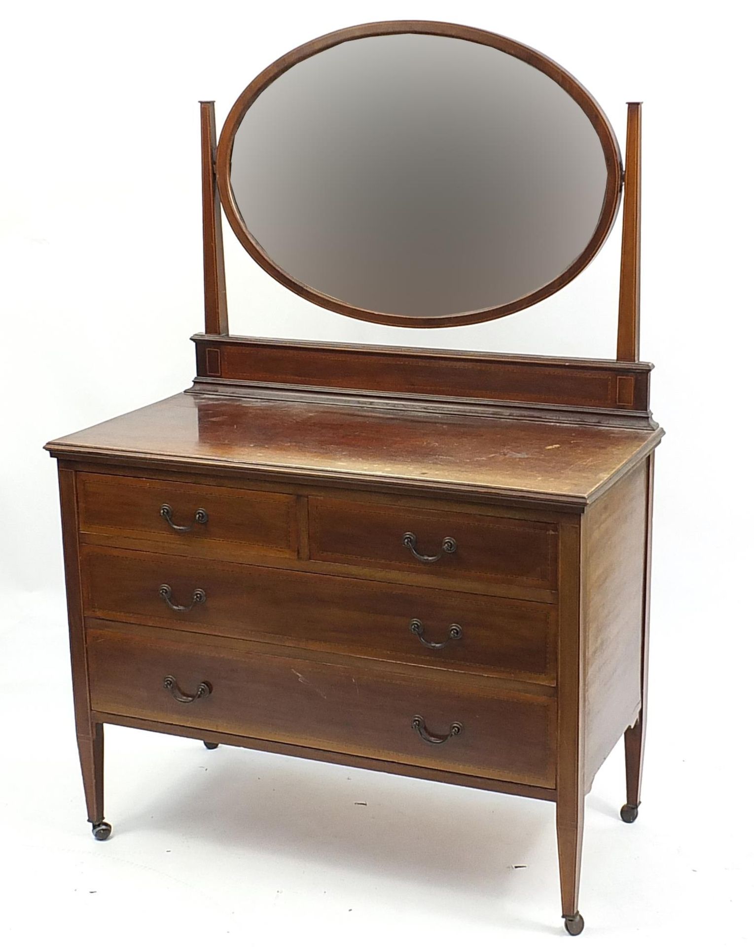 Edwardian inlaid mahogany dressing table with mirrored back and four drawers, 160cm H x 107cm W x