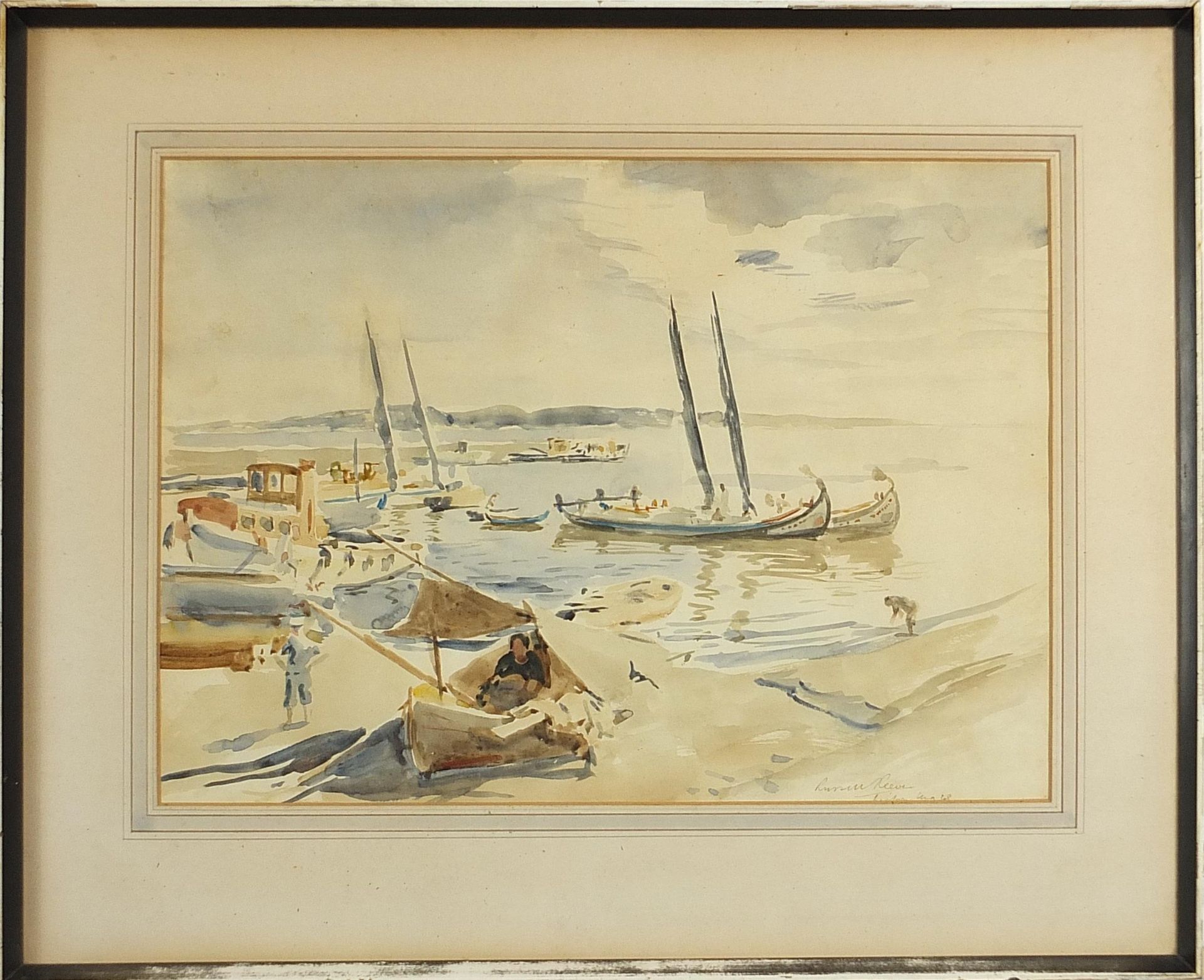 Russell Sidney Reeve - Moored boats with figures, ink and watercolour, indistinctly inscribed in - Image 2 of 4
