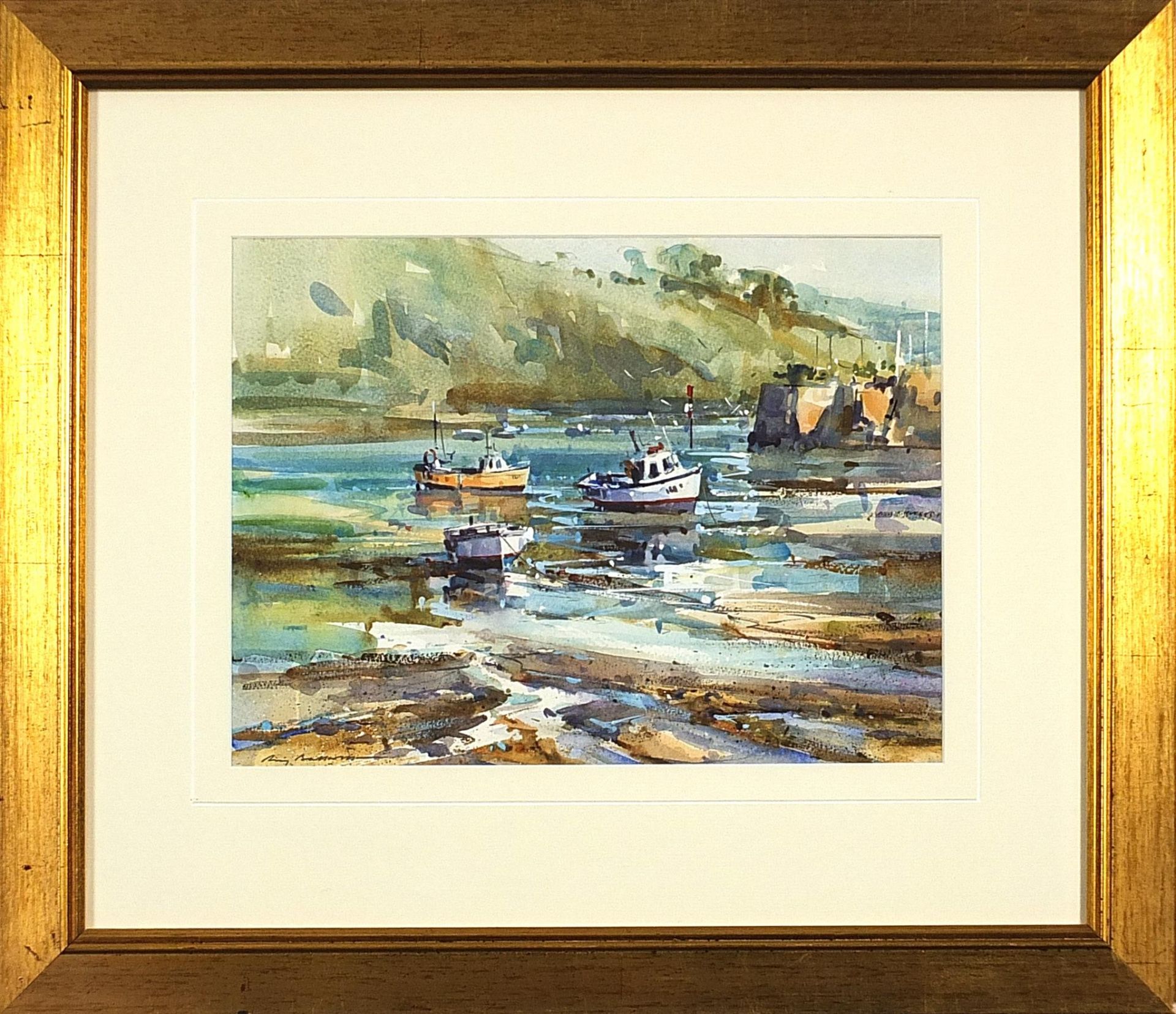 Ray Balkwill - Moored fishing boats, Cornish watercolour, details verso, mounted, framed and glazed, - Image 2 of 5