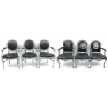 Set of six French style black leather dining chairs probably by Jimmy Martin, commissioned by Gary