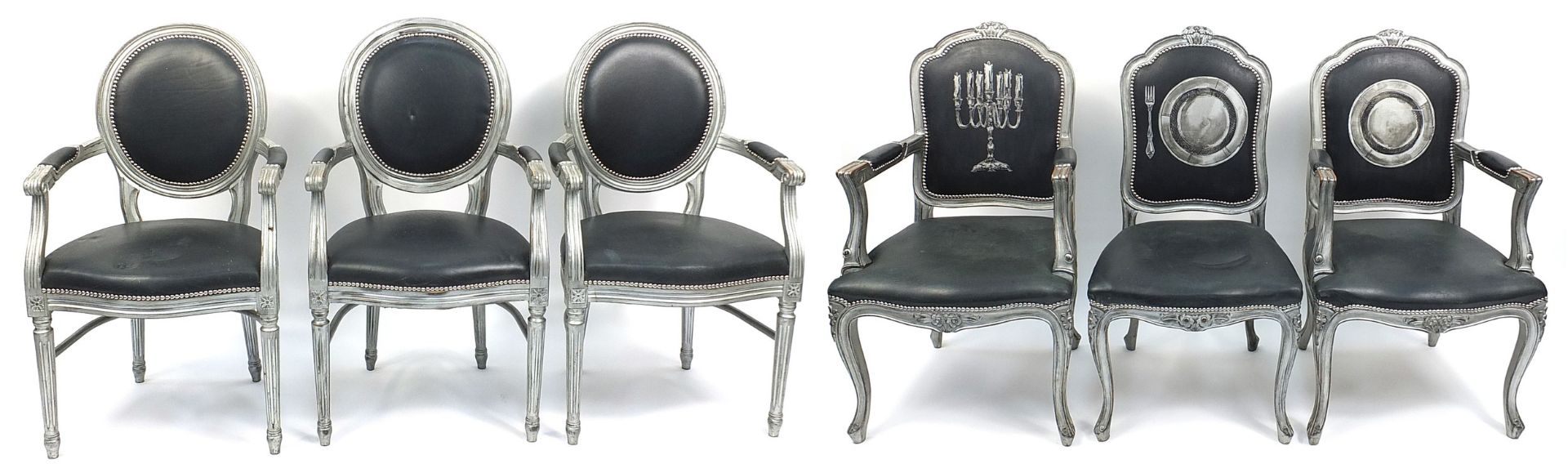 Set of six French style black leather dining chairs probably by Jimmy Martin, commissioned by Gary