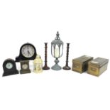 Sundry items including mantle clocks, pair of bronzed metal candlesticks and brass filing boxes, the