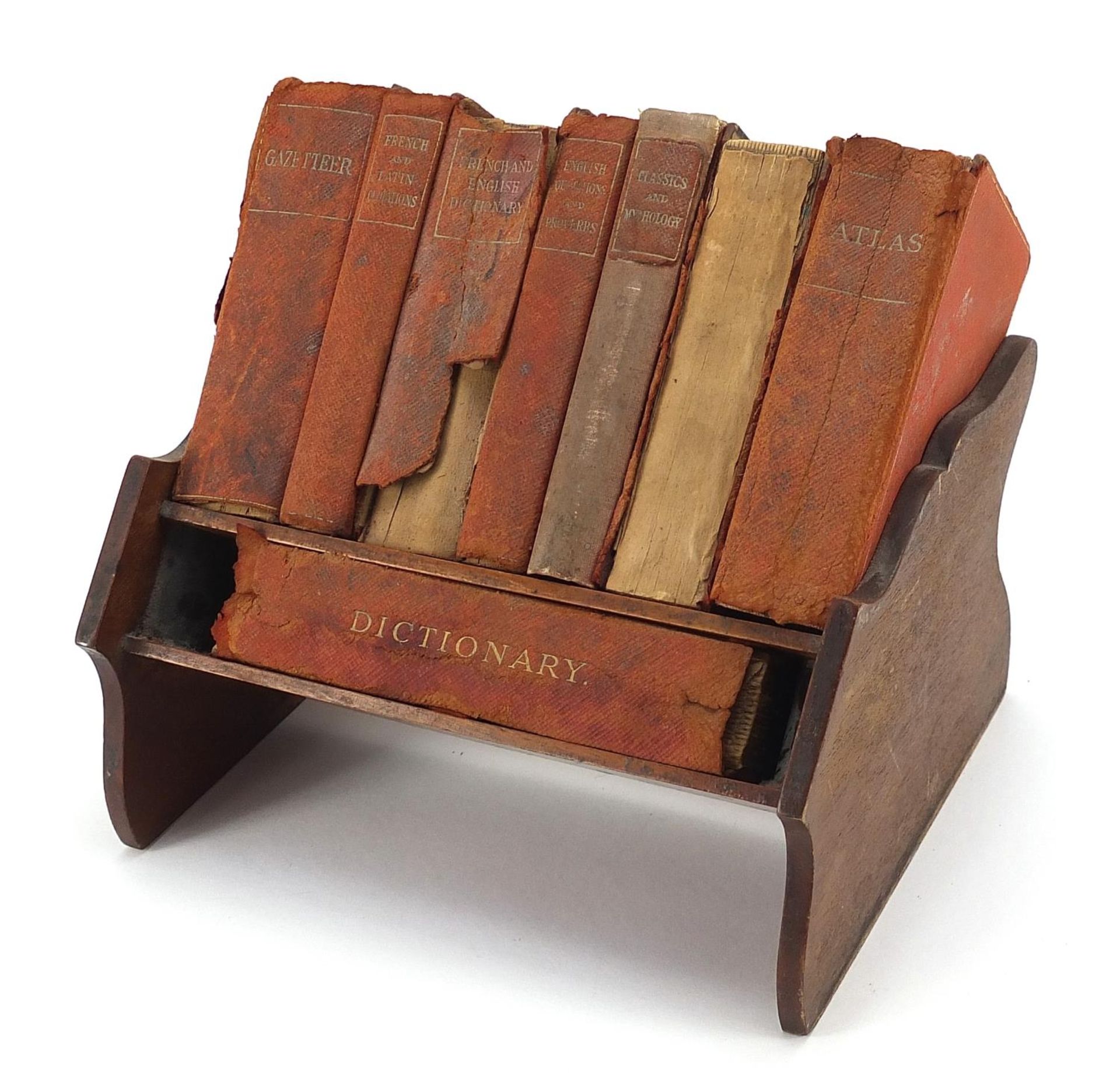 Miniature mahogany bookshelf housing eight books by Asprey of London, 20.5cm wide - Image 2 of 3