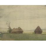 George Clausen - Hayricks in a field, signed watercolour, Philadelphia stamp verso, mounted,