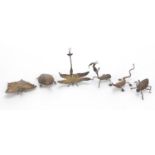 Six silver coloured metal insect and animal sculptures, the largest 8cm in length, total 33.0g